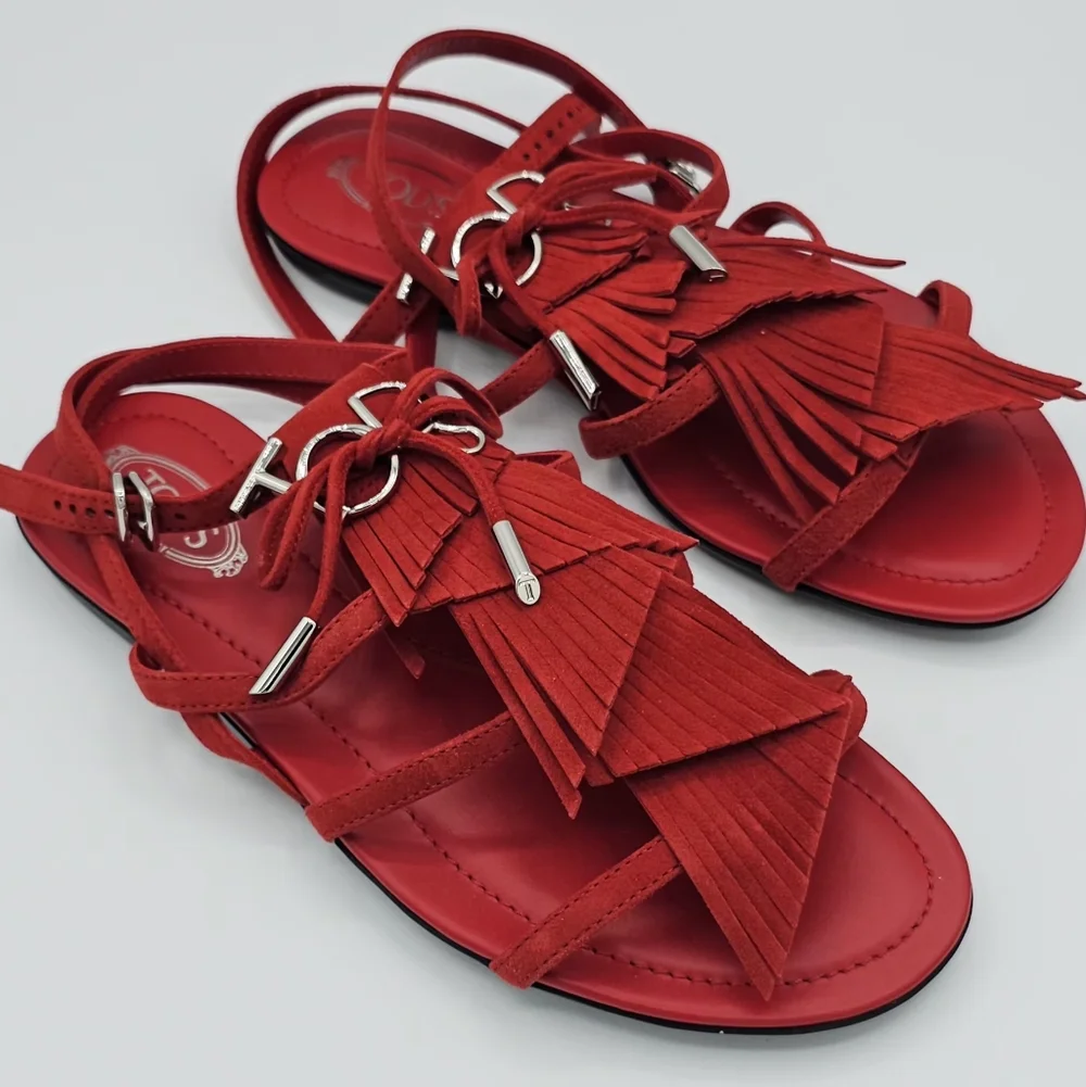 TOD'S Women's Strappy Red Sandals‎ with Fringe Size 6.5